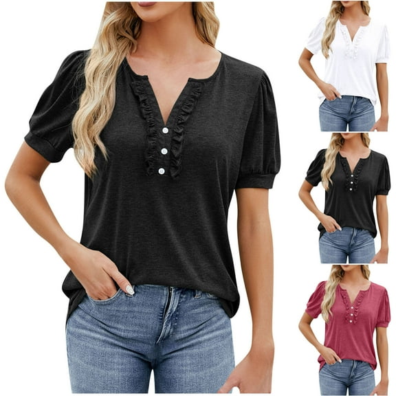 HAPIMO Women's Trendy Loose Cotton Lined Pullover Button Casual Relaxed Workout Blouses for Teen Girls Solid Color Ruched Summer Tees V Neck Shirts Short Sleeve Black L
