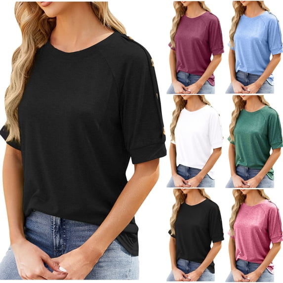HAPIMO Women's Trendy Loose Cotton Lined Pullover Round Neck Shirts for Teen Girls Solid Color Summer Tees Short Sleeve Button Casual Relaxed Workout Blouses Black L