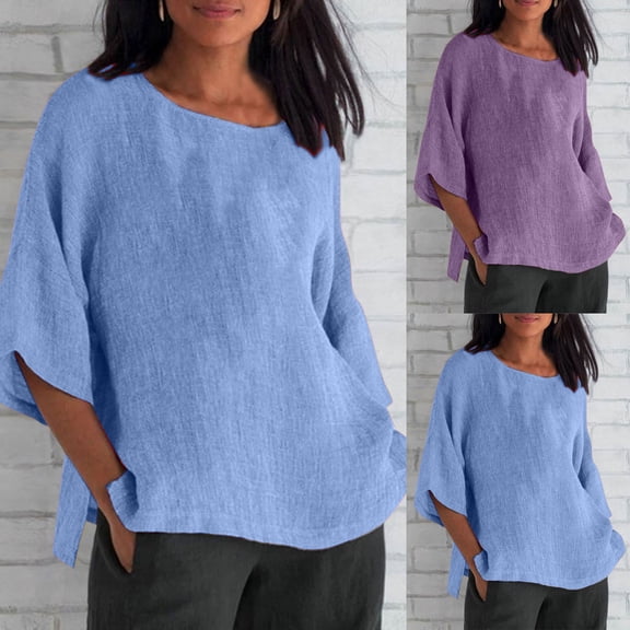 HAPIMO Women's Trendy Loose Cotton Lined Pullover Summer Tees Round Neck Shirts for Teen Girls Solid Color Short Sleeve Casual Relaxed Workout Blouses Blue M