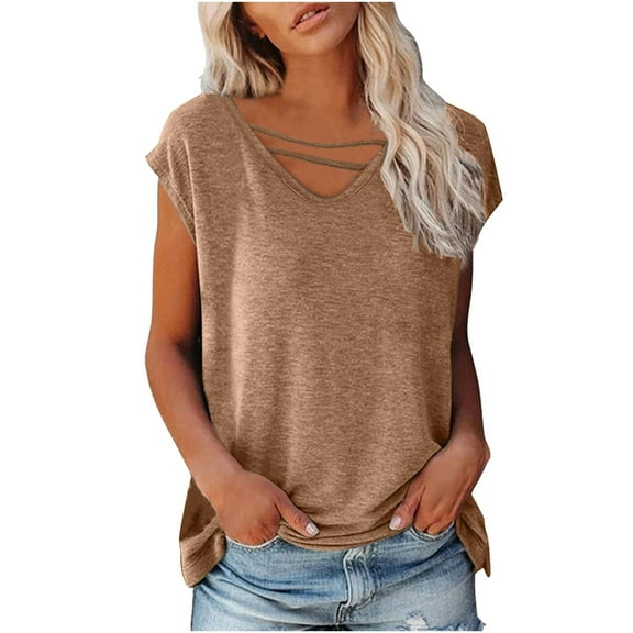 HAPIMO Women's Trendy Loose Cotton Lined Pullover Summer Tees Short Sleeve V Neck Keyhole Shirts Casual Relaxed Workout Blouses for Teen Girls Solid Color Khaki S
