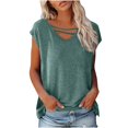 thumbnail image 1 of HAPIMO Women's Trendy Loose Cotton Lined Pullover Summer Tees Short Sleeve V Neck Keyhole Shirts Casual Relaxed Workout Blouses for Teen Girls Solid Color Green M, 1 of 6