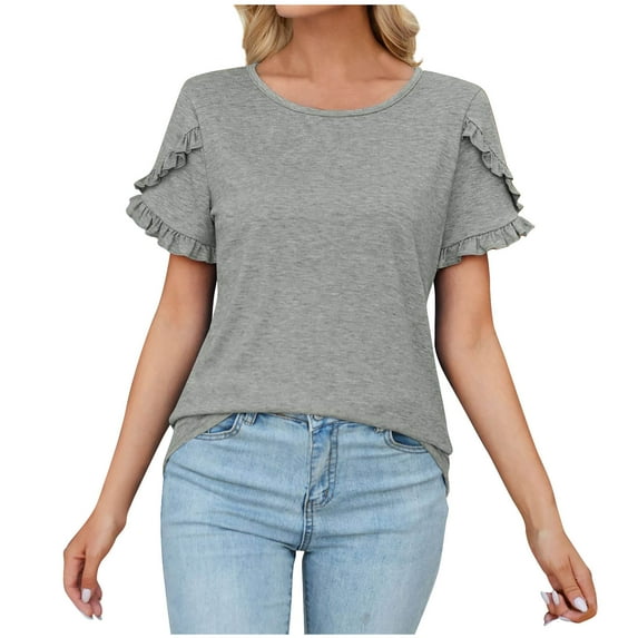 HAPIMO Women's Trendy Loose Cotton Lined Ruffle Pullover Summer Tees Solid Color Petal Sleeve Round Neck Shirts Casual Relaxed Workout Blouses for Teen Girls Gray XL