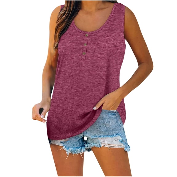HAPIMO Women's Trendy Loose Cotton Lined Tank Tops Button for Teen Girls Solid Color Summer Tees Sleeveless Round Neck Shirts Casual Relaxed Workout Blouses Wine L