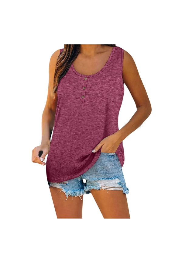 Women's Trendy Loose Cotton Lined Tank Tops Button for Teen Girls Solid Color Summer Tees Sleeveless Round Neck Shirts Casual Relaxed Workout Blouses Wine L