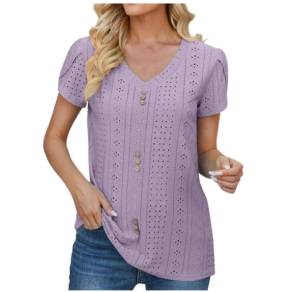 HAPIMO Women's Trendy Loose Eyelet Tops Dressy Tunic Clearance Petal Sleeve V Neck Button Shirts Casual Relaxed Workout Blouses for Teen Girls Solid Color Summer Tees Purple M