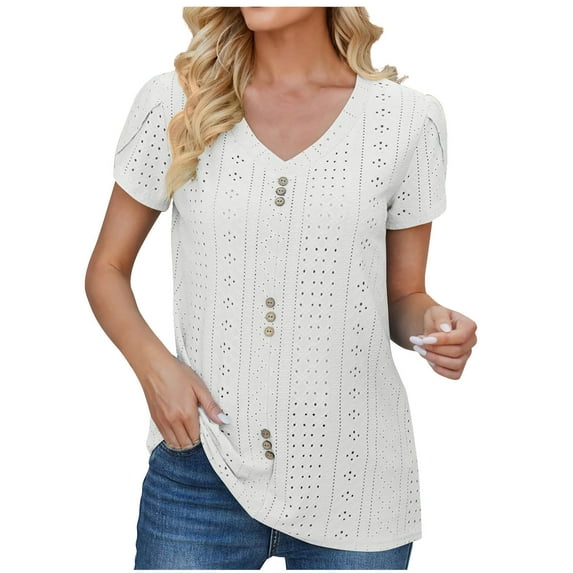 HAPIMO Women's Trendy Loose Eyelet Tops Dressy Tunic Petal Sleeve V Neck Button Shirts Casual Relaxed Workout Blouses for Teen Girls Solid Color Summer Tees White XL