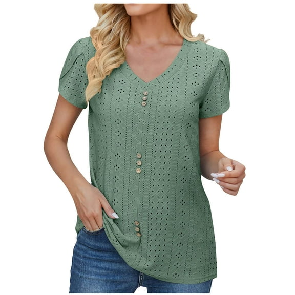 HAPIMO Women's Trendy Loose Eyelet Tops Dressy Tunic Petal Sleeve V Neck Button Shirts Casual Relaxed Workout Blouses for Teen Girls Solid Color Summer Tees Green L