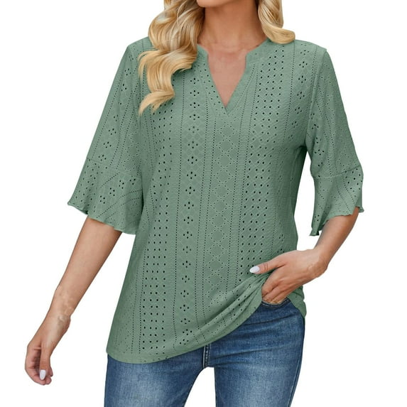 HAPIMO Women's Trendy Loose Eyelet Tops Dressy Tunic Clearance Summer Tees 3/4 Sleeve for Teen Girls V Neck Pullover Elegant Casual Relaxed Blouses Solid Color Hollow Green XL