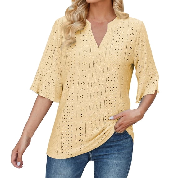 HAPIMO Women's Trendy Loose Eyelet Tops Dressy Tunic Clearance Summer Tees 3/4 Sleeve for Teen Girls V Neck Pullover Elegant Casual Relaxed Blouses Solid Color Hollow Yellow S