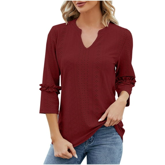 HAPIMO Women's Trendy Loose Eyelet Tops Dressy Tunic Summer Tees 3/4 Sleeve for Teen Girls V Neck Pullover Elegant Casual Relaxed Blouses Solid Color Hollow Red