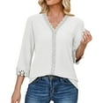 thumbnail image 1 of HAPIMO Women's Trendy Loose Lace Tops Dressy Tunic Summer Tees Elegant Casual Relaxed Blouses 3/4 Sleeve for Teen Girls V Neck Pullover Solid Color White L, 1 of 6