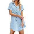 thumbnail image 1 of HAPIMO Women's Trendy Loose Long Tops Dressy Shirts Dress Summer Solid Color Short Sleeve Lapel Button Pullover Elegant Casual Blouses for Teen Girls Light Blue L, 1 of 5