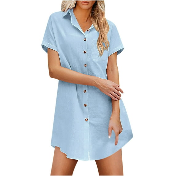 HAPIMO Women's Trendy Loose Long Tops Dressy Shirts Dress Summer Solid Color Short Sleeve Lapel Button Pullover Elegant Casual Blouses for Teen Girls Light Blue L