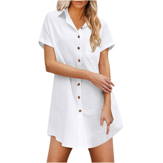 HAPIMO Women's Trendy Loose Long Tops Dressy Shirts Dress Summer Solid Color Short Sleeve Lapel Button Pullover Elegant Casual Relaxed Blouses for Teen Girls White XXXL