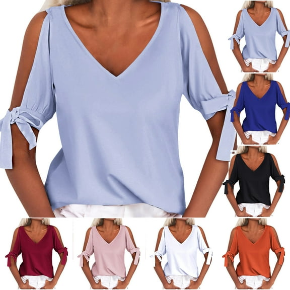 HAPIMO Women's Trendy Loose Pullover Casual Relaxed Workout Blouses Solid Color V Neck Shirts for Teen Girls Summer Tees Cold Shoulder Sleeve Black L