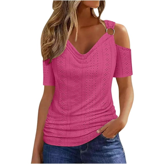 HAPIMO Women's Trendy Loose Pullover Clearance Casual Relaxed Workout Blouses Solid Color V Neck Shirts for Teen Girls Summer Tees Cold Shoulder Sleeve Pink L