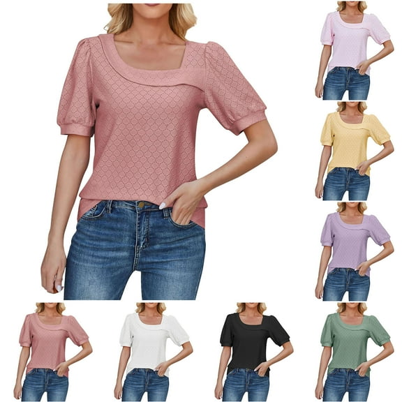 HAPIMO Women's Trendy Loose Pullover Round Neck Shirts for Teen Girls Summer Tees Solid Color Puff Sleeve Casual Relaxed Workout Blouses Black L