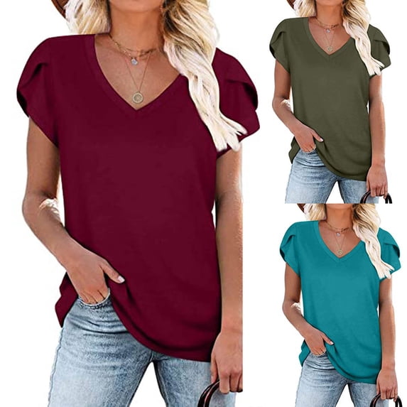 HAPIMO Women's Trendy Loose Pullover Dressy Tunic Solid Color Summer Tees Petal Sleeve V Neck Shirts for Teen Girls Casual Relaxed Workout Blouses Army Green L
