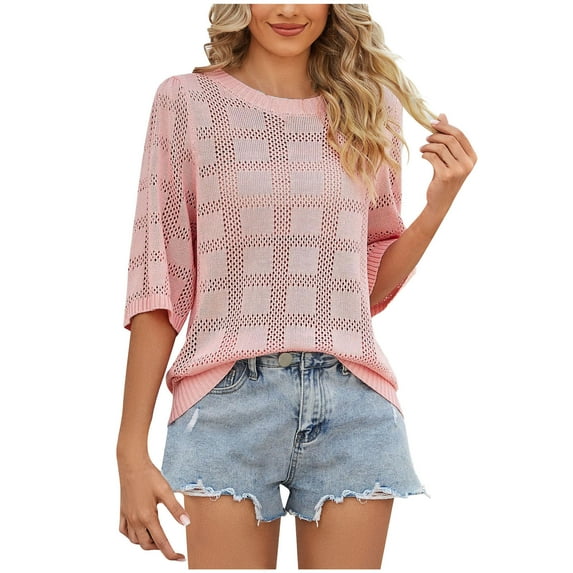 HAPIMO Women's Trendy Loose Pullover Eyelet Solid Color Summer Tees 3/4 Sleeve Round Neck Shirts for Teen Girls Casual Relaxed Workout Blouses Pink XL