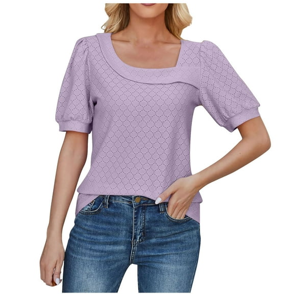 HAPIMO Women's Trendy Loose Pullover Round Neck Shirts for Teen Girls Summer Tees Solid Color Puff Sleeve Casual Relaxed Workout Blouses Purple XXL