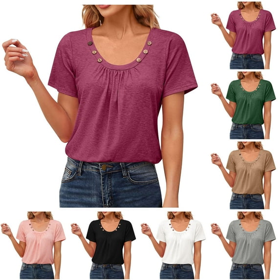 HAPIMO Women's Trendy Loose Pullover Scoop Neck Button Shirts for Teen Girls Summer Tees Solid Color Ruched Casual Relaxed Workout Blouses Short Sleeve Black L