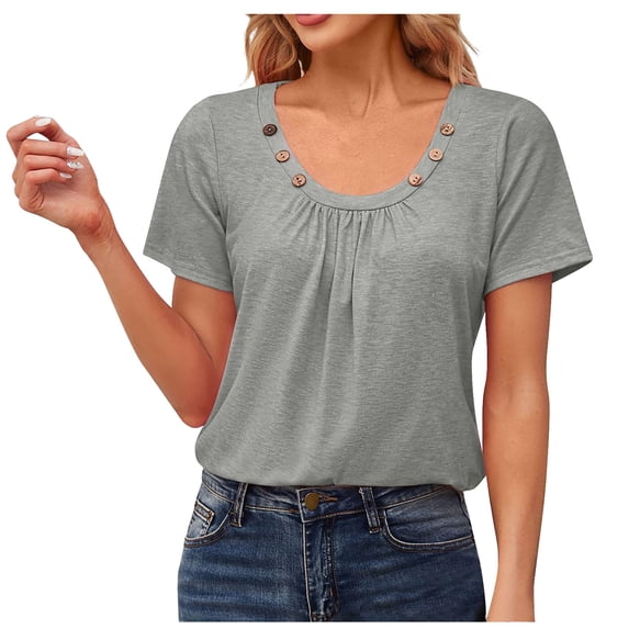 HAPIMO Women's Trendy Loose Pullover Scoop Neck Button Shirts for Teen Girls Summer Tees Solid Color Ruched Casual Relaxed Workout Blouses Short Sleeve Gray XL