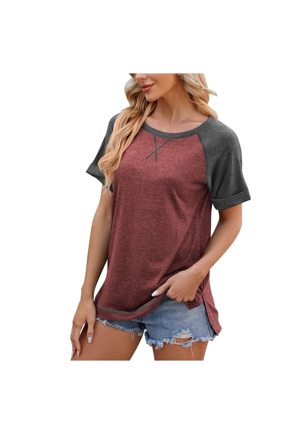 Women's Trendy Loose Raglan Tops Tunic for Teen Girls Solid Color Patchwork Summer Tees Short Sleeve Round Neck Pullover Elegant Casual Relaxed Blouses Red S
