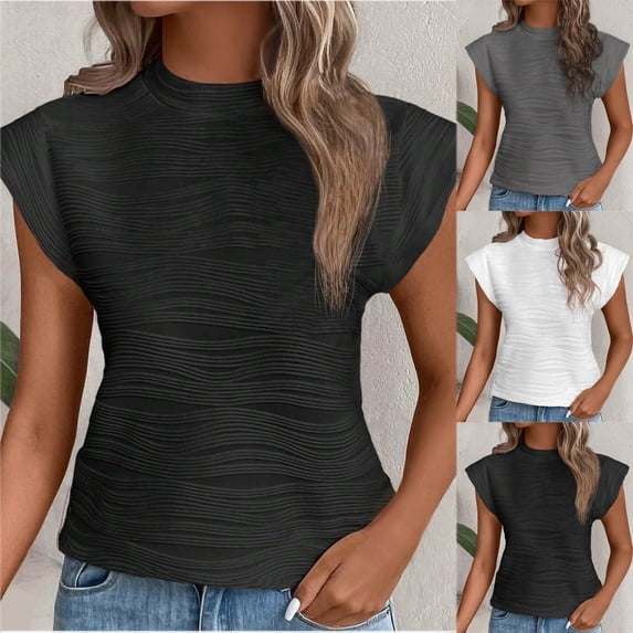 HAPIMO Women's Trendy Loose Short Pullover Casual Relaxed Workout Blouses for Teen Girls Summer Tees Solid Color Stripe Short Sleeve Crew Neck Shirts Black L