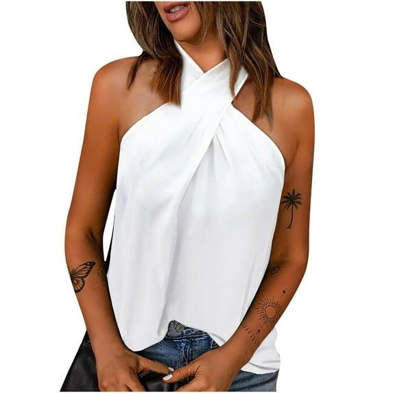 HAPIMO Women's Trendy Loose Tank Tops Tunic Solid Color Halter Hanging Neck Pullover for Teen Girls Summer Tees Sleeveless Elegant Casual Relaxed Blouses White M
