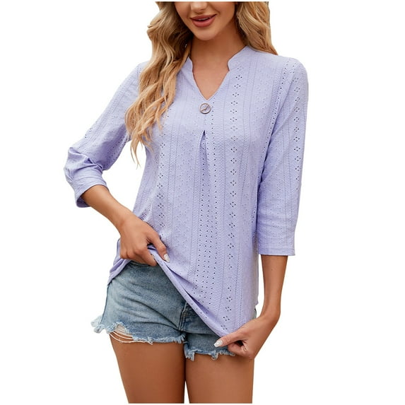 HAPIMO Women's Trendy Loose Tops Dressy Tunic Clearance Solid Color Summer Tees 3/4 Sleeve for Teen Girls V Neck Pullover Elegant Casual Relaxed Blouses Purple