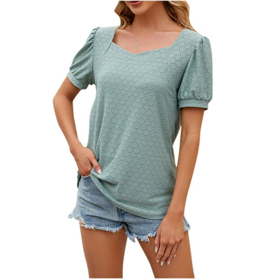 HAPIMO Women's Trendy Loose Tops Dressy Tunic Summer Tees Square Neck Pullover for Teen Girls Solid Color Printed Short Sleeve Elegant Casual Relaxed Blouses Green XL