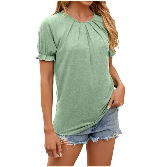 HAPIMO Women's Trendy Loose Tops Dressy Tunic Clearance Summer Tees Square Neck Pullover for Teen Girls Solid Color Printed Short Sleeve Elegant Casual Relaxed Blouses Green