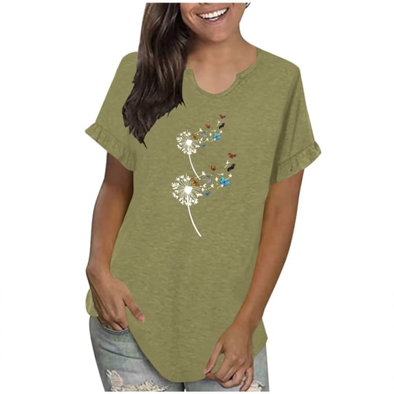 HAPIMO Women's Trendy Loose Tops Dressy Tunic Clearance V Neck Pullover Elegant Casual Relaxed Blouses for Teen Girls Floral Graphic Summer Tees Ruffle Sleeve Army Green M