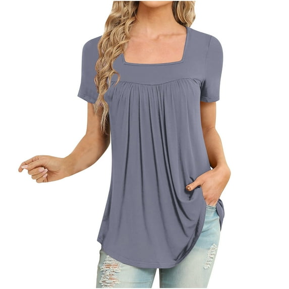 HAPIMO Women's Trendy Loose Tops Dressy Tunic Solid Color Pleated Summer Tees Short Sleeve Square Neck Pullover Elegant Casual Relaxed Blouses for Teen Girls Gray XXL