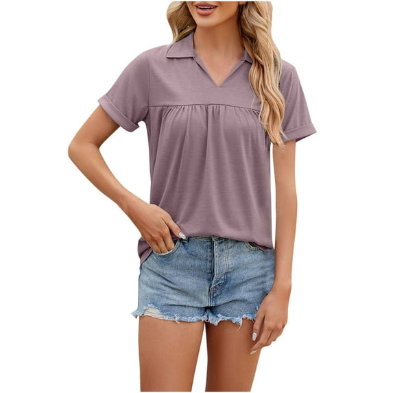 HAPIMO Women's Trendy Loose Tops Dressy Tunic Summer Tees Short Sleeve Lapel V Neck Pullover Elegant Casual Relaxed Blouses for Teen Girls Solid Color Ruched Purple M