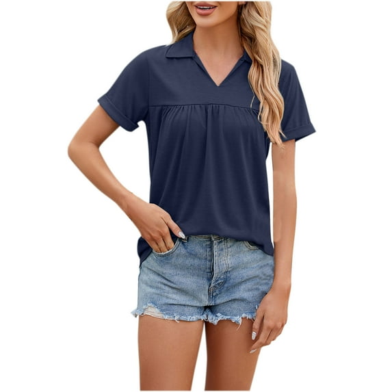 HAPIMO Women's Trendy Loose Tops Dressy Tunic Summer Tees Short Sleeve Lapel V Neck Pullover Elegant Casual Relaxed Blouses for Teen Girls Solid Color Ruched Navy S