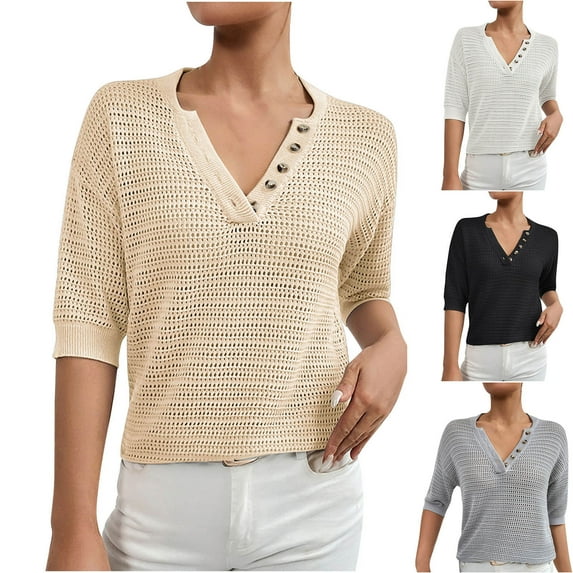 HAPIMO Women's Trendy Loose Tops Eyelet Dressy Tunic Clearance Elegant Casual Relaxed Blouses Solid Color Hollow V Neck Button Pullover for Teen Girls Summer Half Sleeve Black XL