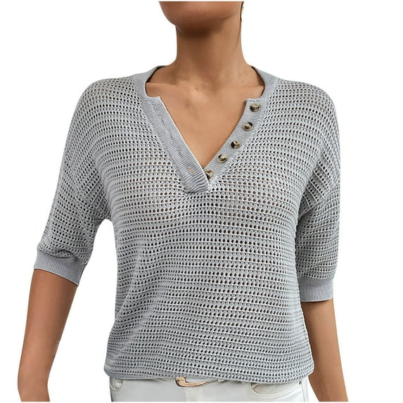 HAPIMO Women's Trendy Loose Tops Eyelet Dressy Tunic Clearance Elegant Casual Relaxed Blouses Solid Color Hollow V Neck Button Pullover for Teen Girls Summer Half Sleeve Gray S