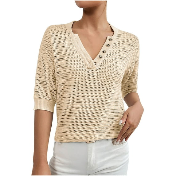 HAPIMO Women's Trendy Loose Tops Eyelet Dressy Tunic Clearance Elegant Casual Relaxed Blouses Solid Color Hollow V Neck Button Pullover for Teen Girls Summer Half Sleeve Khaki XL