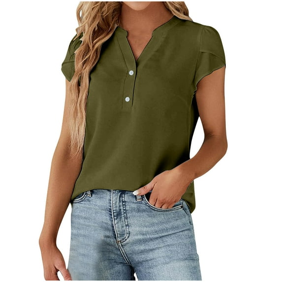 HAPIMO Women's Trendy Loose Tops Eyelet Dressy Tunic Clearance Short Sleeve Solid Color Hollow Summer for Teen Girls V Neck Button Pullover Elegant Casual Relaxed Blouses Green XXL
