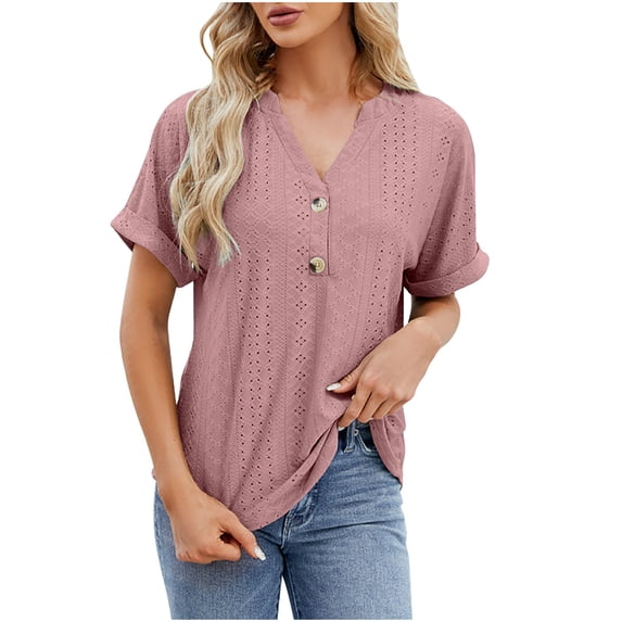 HAPIMO Women's Trendy Loose Tops Eyelet Dressy Tunic Short Sleeve Solid Color Hollow Summer for Teen Girls V Neck Button Pullover Elegant Casual Relaxed Blouses Pink XL