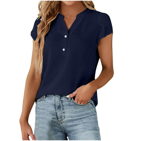 HAPIMO Women's Trendy Loose Tops Eyelet Dressy Tunic Clearance Short Sleeve Solid Color Hollow Summer for Teen Girls V Neck Button Pullover Elegant Casual Relaxed Blouses Blue S