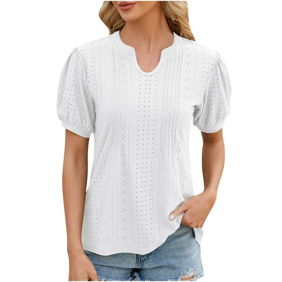HAPIMO Women's Trendy Loose Tops Eyelet Dressy Tunic Short Sleeve Solid Color Hollow V Neck Pullover Elegant Casual Relaxed Blouses for Teen Girls Summer Tees White M