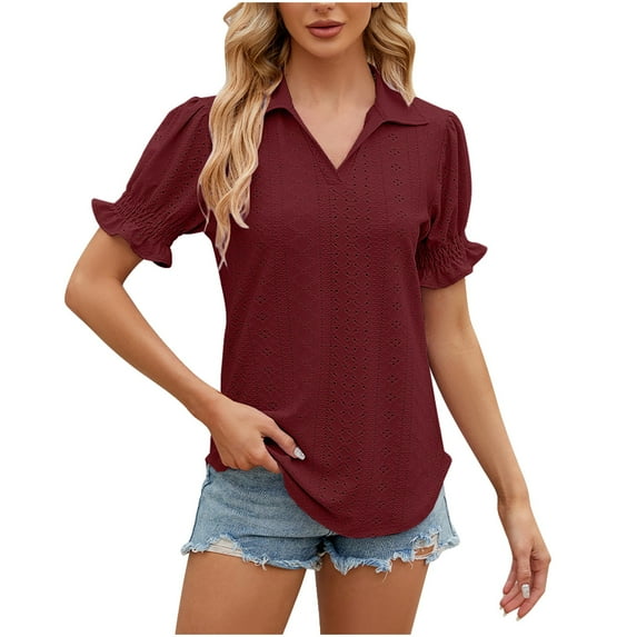 HAPIMO Women's Trendy Loose Tops Eyelet Dressy Tunic Solid Color Hollow Ruffle Summer for Teen Girls Short Sleeve Lapel V Neck Pullover Elegant Casual Blouses Wine L