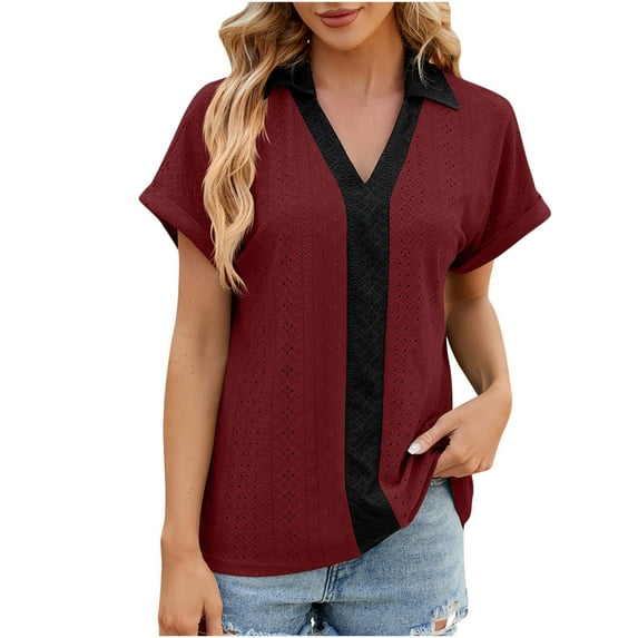 HAPIMO Women's Trendy Loose Tops Eyelet Dressy Tunic Solid Color Patchwork Lapel V Neck Pullover for Teen Girls Summer Short Sleeve Elegant Casual Blouses Wine XL