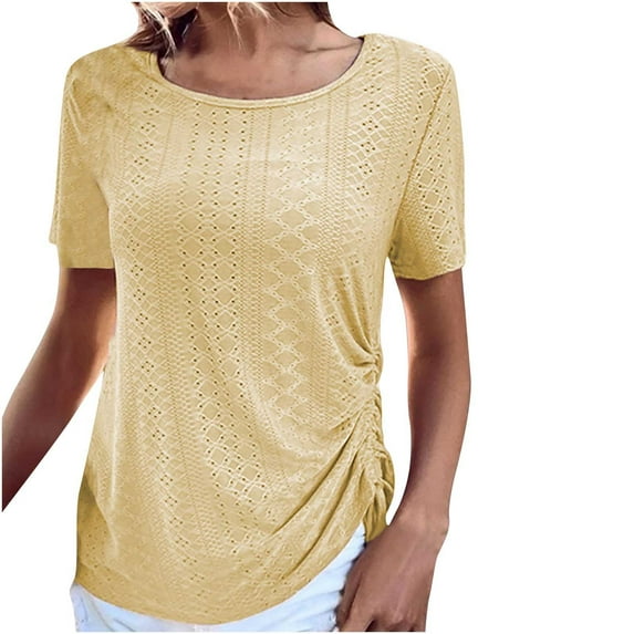 HAPIMO Women's Trendy Loose Tops Eyelet Dressy Tunic for Teen Girls Solid Color Drawstring Summer Short Sleeve Square Neck Pullover Elegant Casual Blouses Yellow XXL