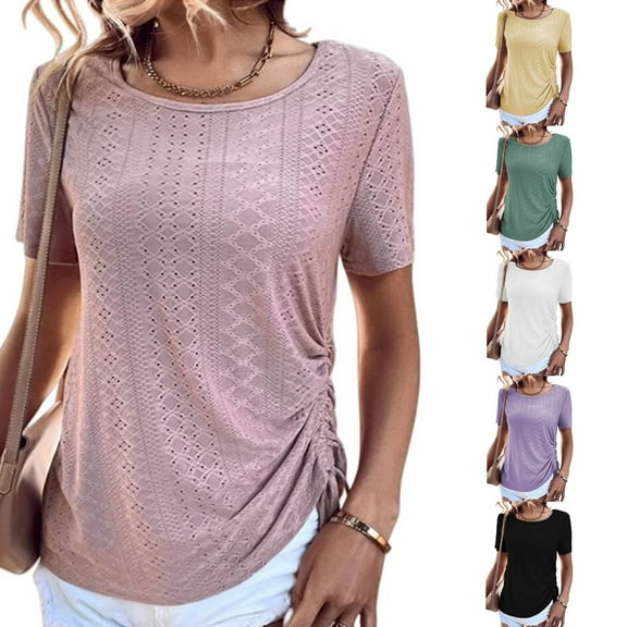 HAPIMO Women's Trendy Loose Tops Eyelet Dressy Tunic for Teen Girls Solid Color Drawstring Summer Short Sleeve Square Neck Pullover Elegant Casual Blouses Black XL