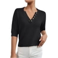 thumbnail image 1 of HAPIMO Women's Trendy Loose Tops Eyelet Dressy Tunic Elegant Casual Relaxed Blouses Solid Color Hollow V Neck Button Pullover for Teen Girls Summer Half Sleeve Black XS, 1 of 3