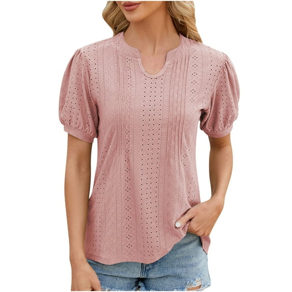 HAPIMO Women's Trendy Loose Tops Eyelet Dressy Tunic Short Sleeve Solid Color Hollow V Neck Pullover Elegant Casual Relaxed Blouses for Teen Girls Summer Tees Pink XL