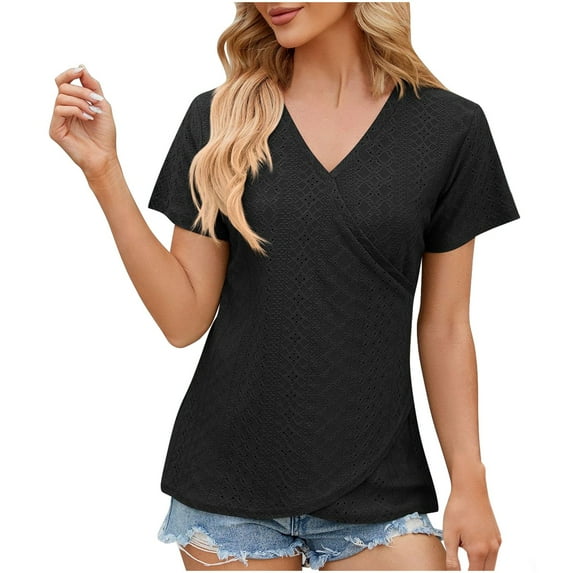 HAPIMO Women's Trendy Loose Tops Eyelet Dressy Tunic for Teen Girls Short Sleeve V Neck Pullover Elegant Casual Relaxed Blouses Solid Color Hollow Summer Tees Black M